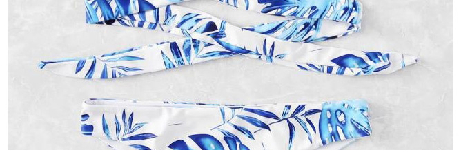 Sexy Blue Leaf Pattern Decorated Off-the-shoulder Bikini,Bikini Sets