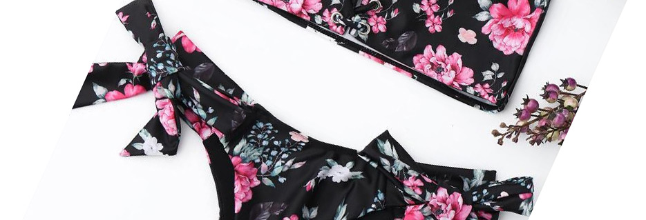 Sexy Black+pink Flower Pattern Design Low-waisted Bikini,Bikini Sets