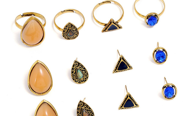 Fashion Gold Color Geometric Shape Gemstone Decorated Ring&earrings,Jewelry Sets