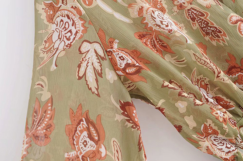 Fashion Green V Neckkline Design Flower Pattern Dress,Long Dress