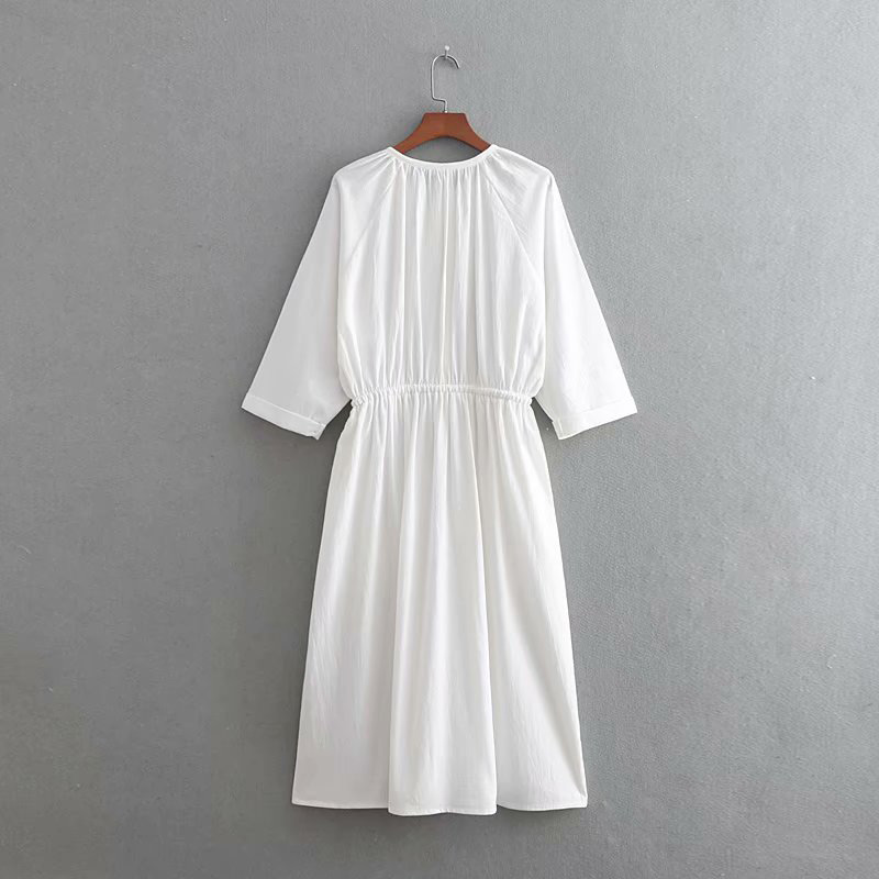 Fashion White Pure Color Decorated Long Sleeves Dress,Long Dress