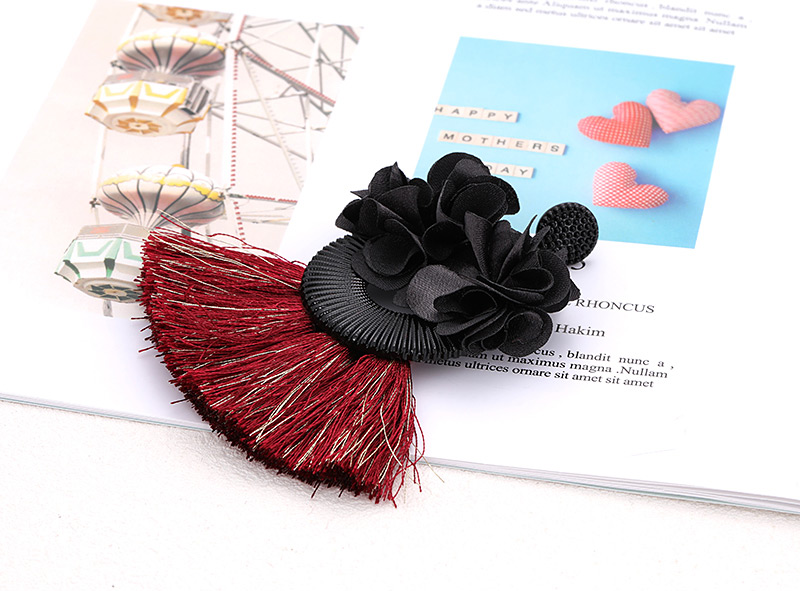 Fashion Black+claret Red Flower Shape Decorated Tassel Earrings,Drop Earrings