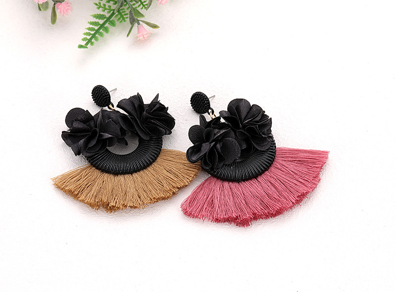 Fashion Black+khaki Flower Shape Decorated Tassel Earrings,Drop Earrings