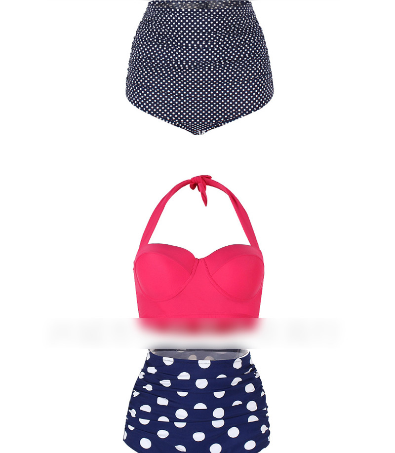 Sexy Navy+plum Red Dots Pattern Decorated Suspender Swimwear(2pcs),Bikini Sets