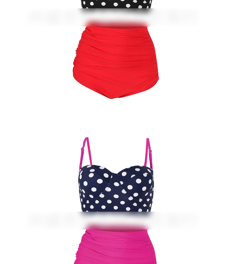 Sexy Black+plum Red Off-the-shoulder Design Dots Pattern Swimwear(2pcs),Bikini Sets
