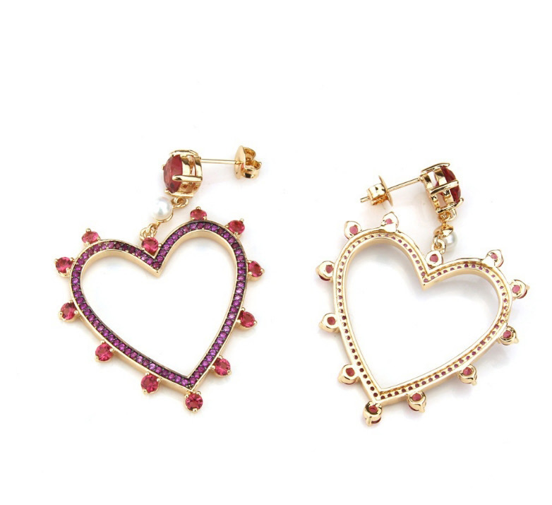 Fashion Gold Color +red Heart Shape Decorated Earrings,Earrings