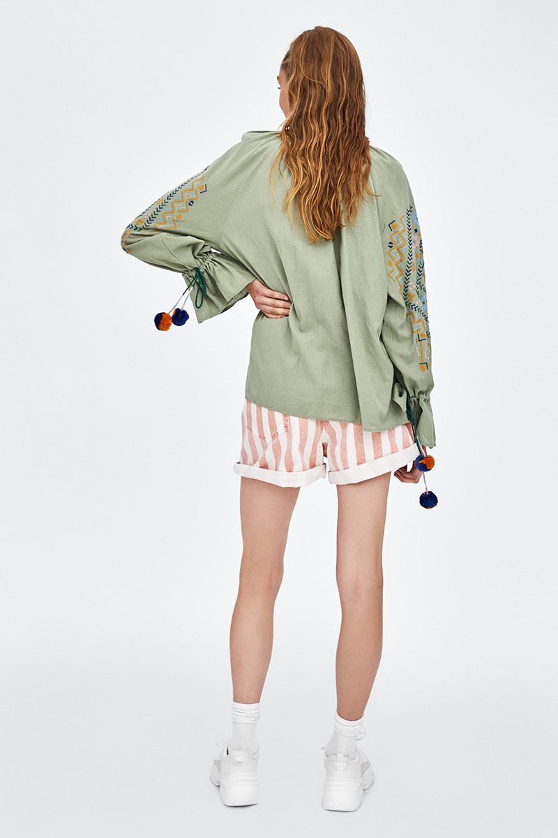 Fashion Green Round Neckline Design Flower Pattern Blouse,Coat-Jacket