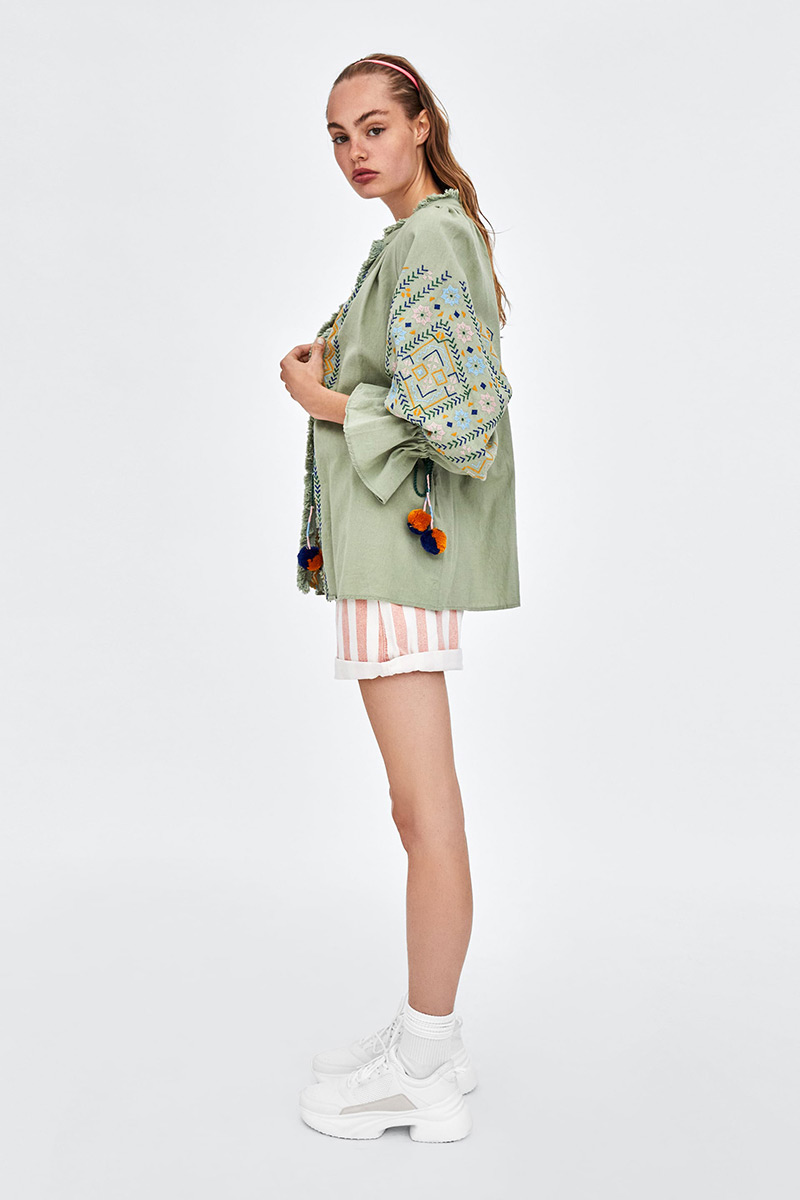 Fashion Green Round Neckline Design Flower Pattern Blouse,Coat-Jacket