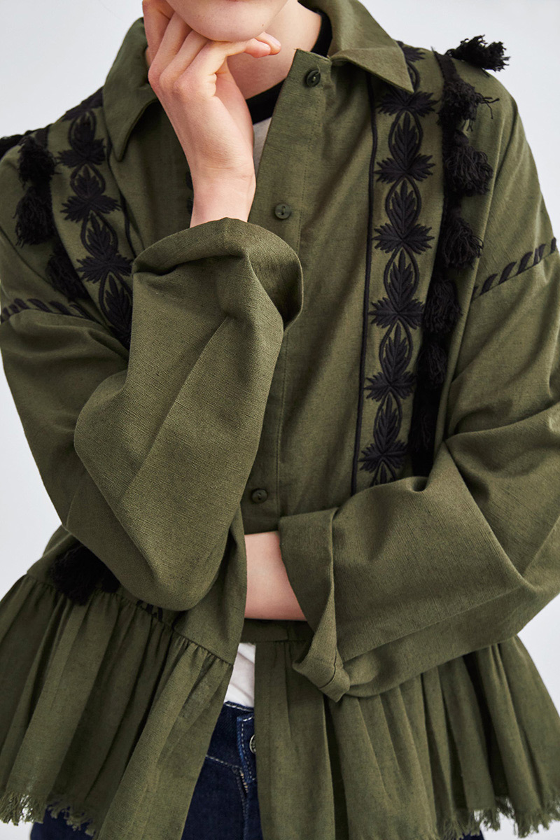 Fashion Green Flower Pattern Decorated Long Sleeves Shirt,Coat-Jacket
