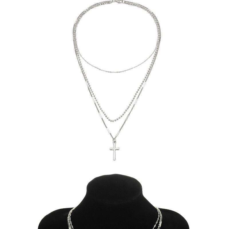 Vintage Silver Color Cross Shape Pendant Decorated Necklace,Multi Strand Necklaces