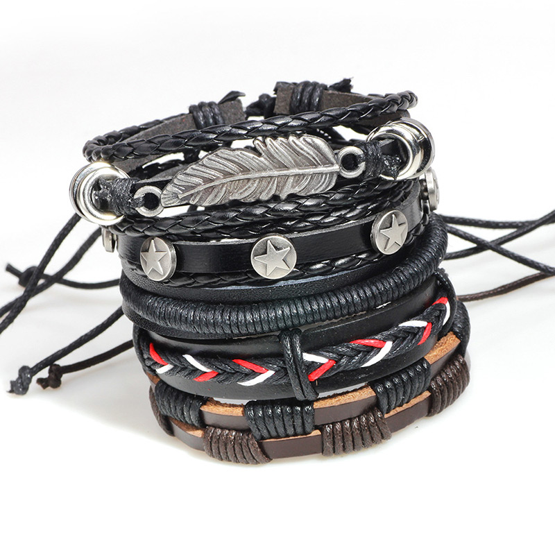 Vintage Black Leaf Decorated Multi-layer Bracelet (5pcs),Fashion Bracelets