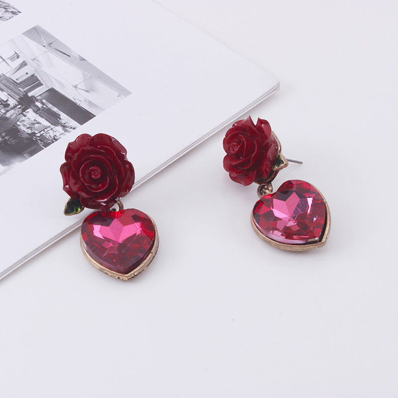 Fashion Claret Red Flowers Decorated Heart Shape Earrings,Drop Earrings
