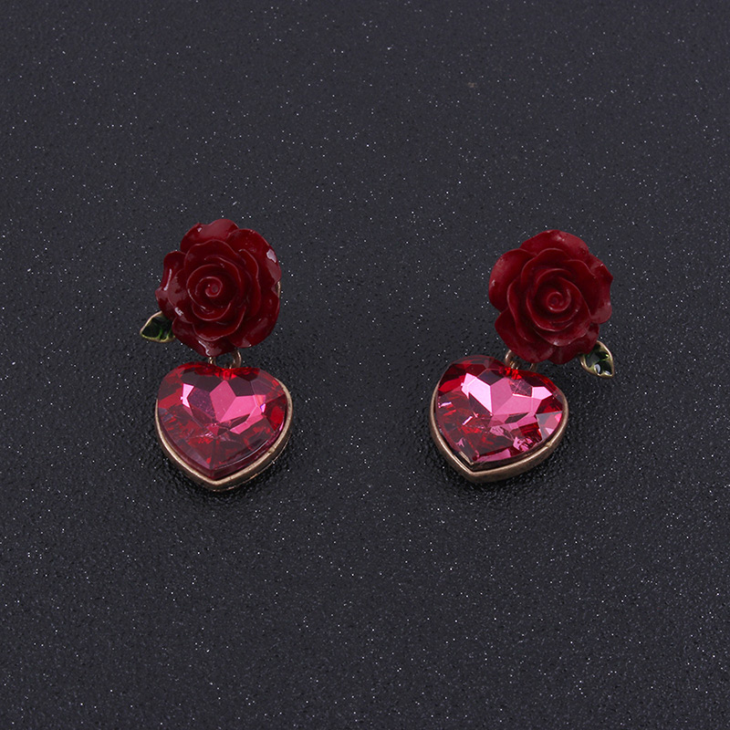 Fashion Claret Red Flowers Decorated Heart Shape Earrings,Drop Earrings