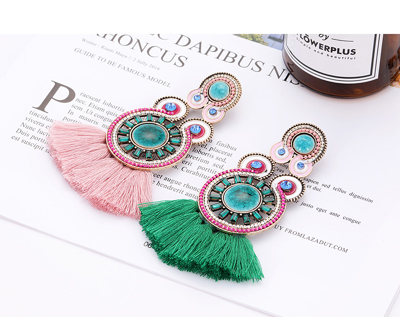 Fashion Green+plum Red Circular Ring Decorated Tassel Earrings,Drop Earrings