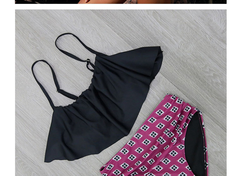 Sexy Black+plum Red Grids Pattern Decorated Swimwear(2pcs),Bikini Sets