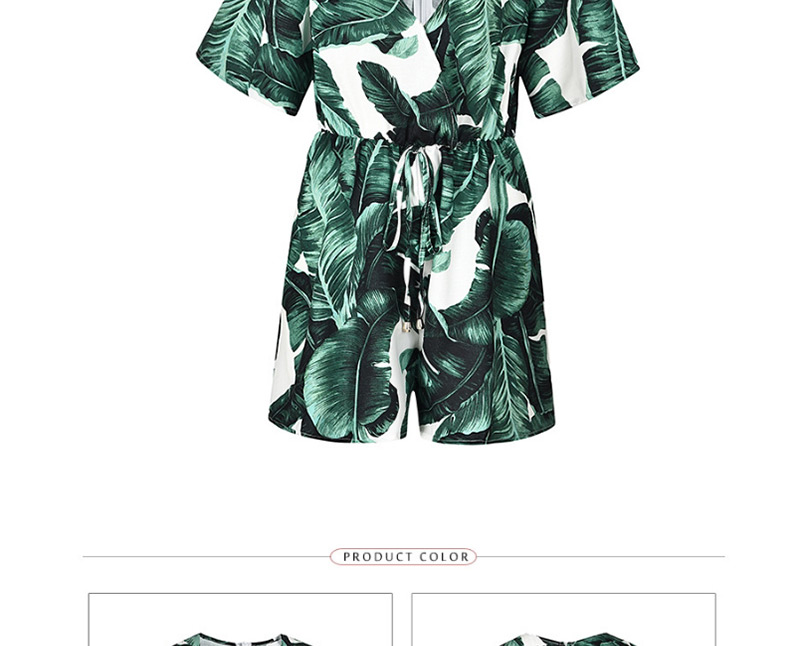 Fashion Green V Neckline Design Leaf Pattern Decorated Jumpsuit,One Pieces