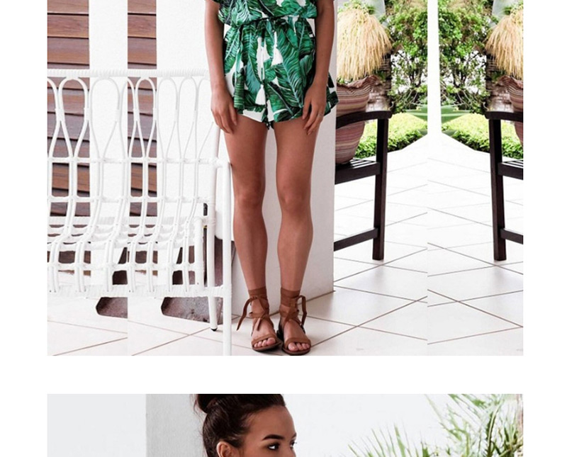 Fashion Green V Neckline Design Leaf Pattern Decorated Jumpsuit,One Pieces