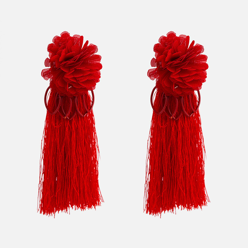 Fashion Plum Red Flower Shape Decorated Tassel Earrings,Drop Earrings