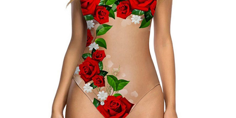 Fashion Red Flower Pattern Decorated Swimwear,One Pieces