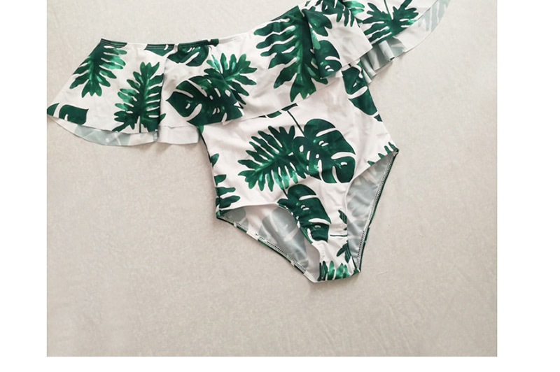 Fashion Green+white Leaf Pattern Decorated Swimwear,One Pieces