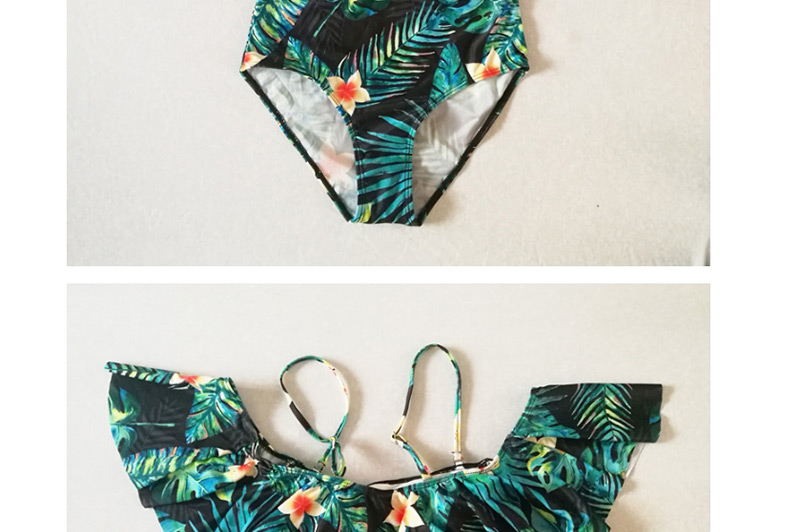 Fashion Green+white Leaf Pattern Decorated Swimwear,One Pieces