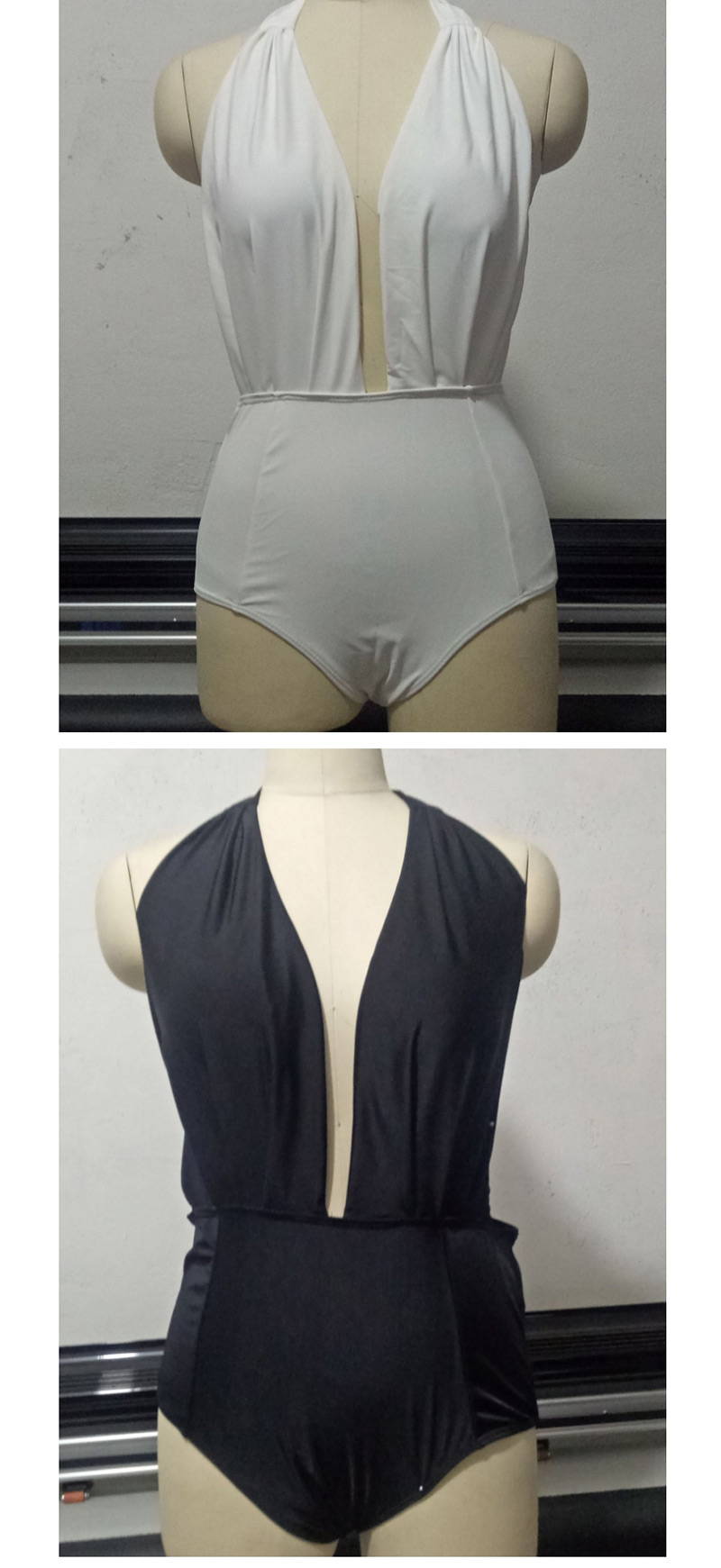Fashion Black+white V Neckline Design Swimwear,One Pieces