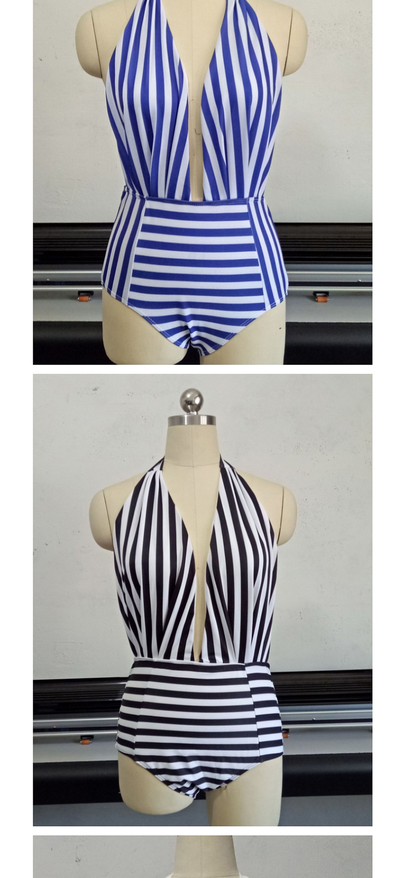 Fashion Blue+white Stripe Pattern Decorated Swimwear,One Pieces