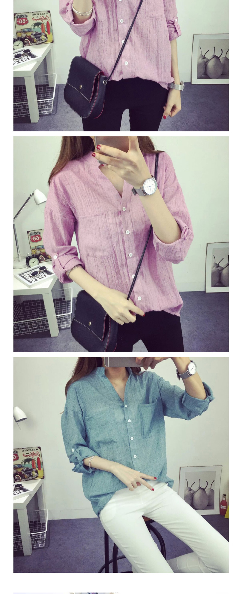 Fashion Gray Pure Color Decorated Shirt,Blouses