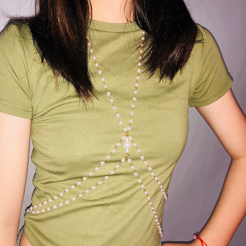 Elegant Gold Color Full Pearls Decorated Body Chain,Body Piercing Jewelry