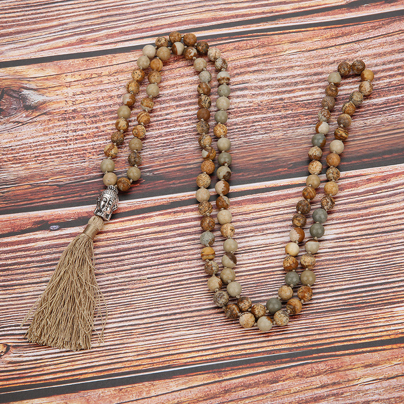 Fashion Khaki Buddha&beads Decorated Tassel Necklace,Thin Scaves
