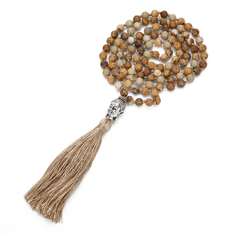 Fashion Khaki Buddha&beads Decorated Tassel Necklace,Thin Scaves