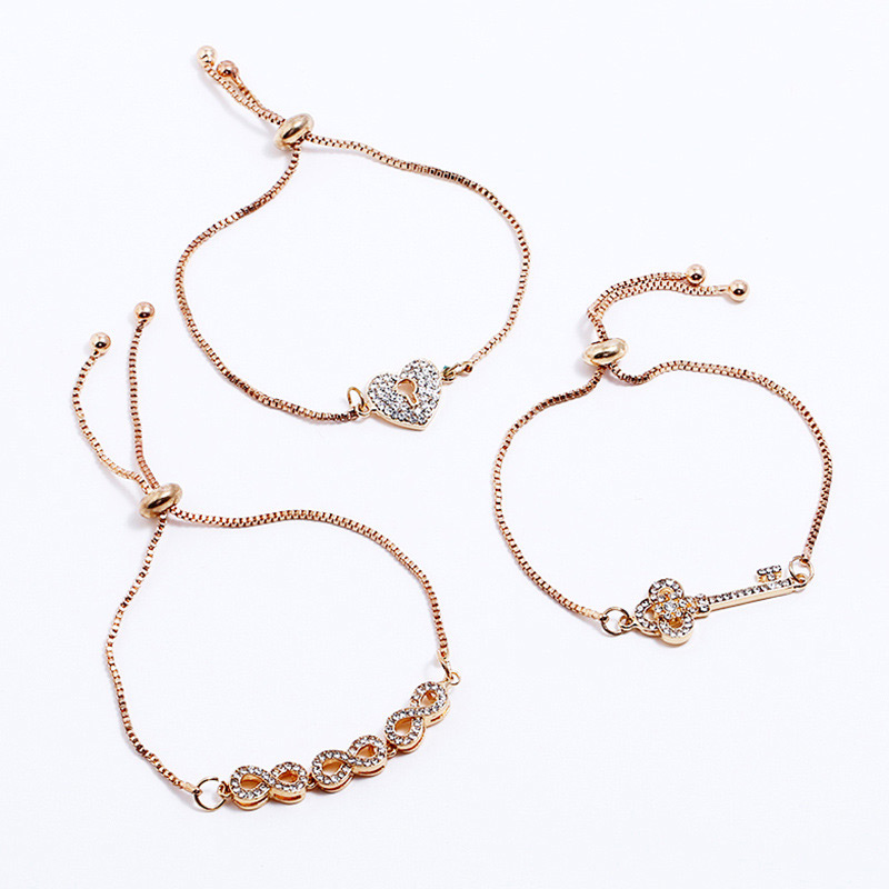 Fashion Gold Color Key&heart Shape Decorated Bracelet(3pcs),Fashion Bracelets
