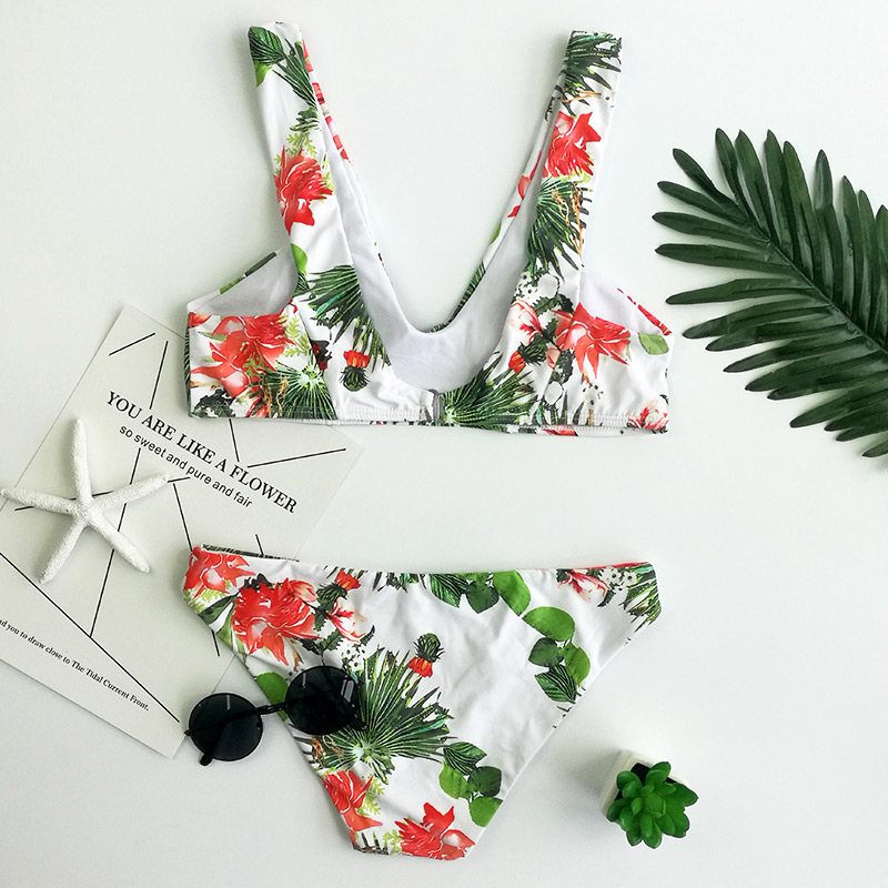 Sexy Green+white Flower Pattern Decorated V Neckline Bikini,Bikini Sets