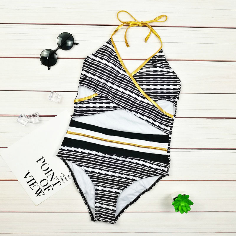 Sexy White+black Stripe Pattern Design Off-the-shoulder Bikini,One Pieces