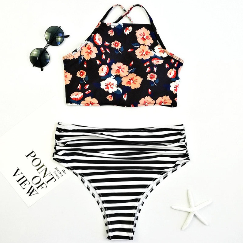 Sexy White+black Flowers Pattern Decorated Split Bikini,Bikini Sets