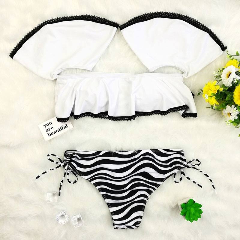Sexy White+black Off Shoulder Design Split Bikini,Bikini Sets