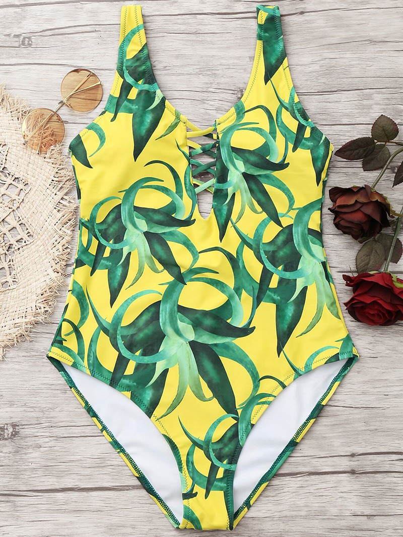 Sexy Yellow+green Weeds Pattern Decorated One-piece Bikini,One Pieces