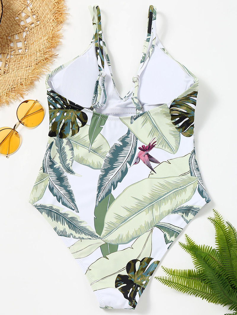 Sexy White+green Leaf Pattern Decorated V Neckline Bikini,One Pieces
