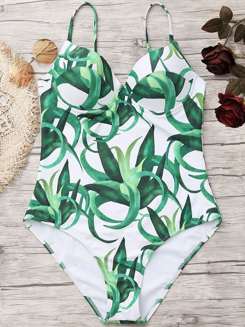 Sexy White+green Weeds Pattern Decorated One-piece Bikini,One Pieces