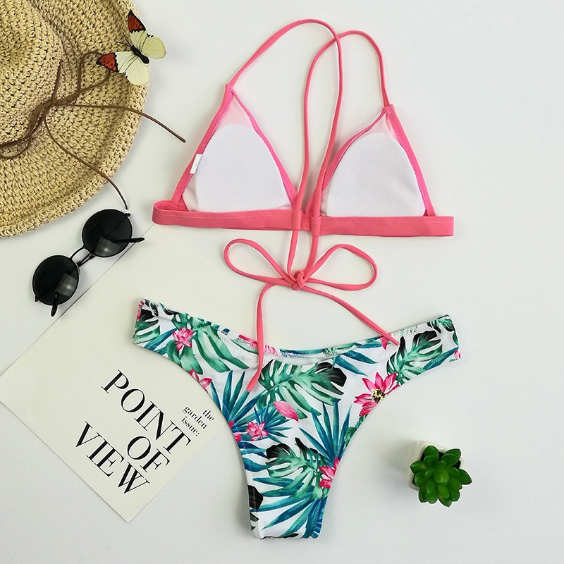 Sexy Pink+blue Leaf Pattern Decorated Split Bikini,Bikini Sets