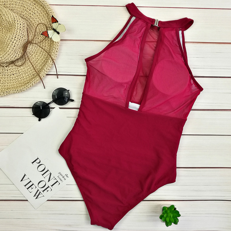 Sexy Claret Red Off-the-shoulder Design Pure Color Bikini,One Pieces