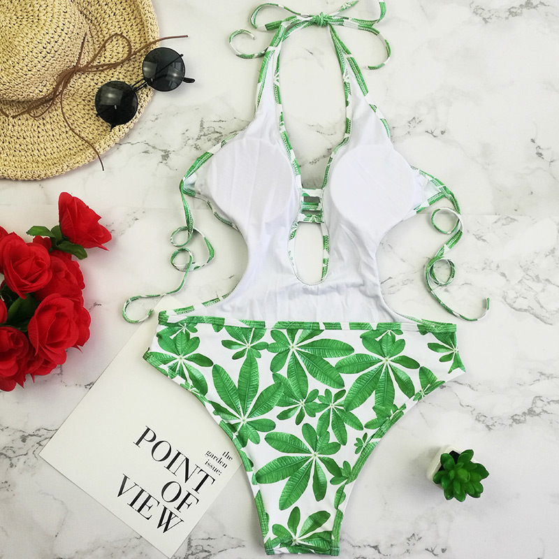 Sexy Green Leaf Pattern Decorated Backless Swimwear,One Pieces
