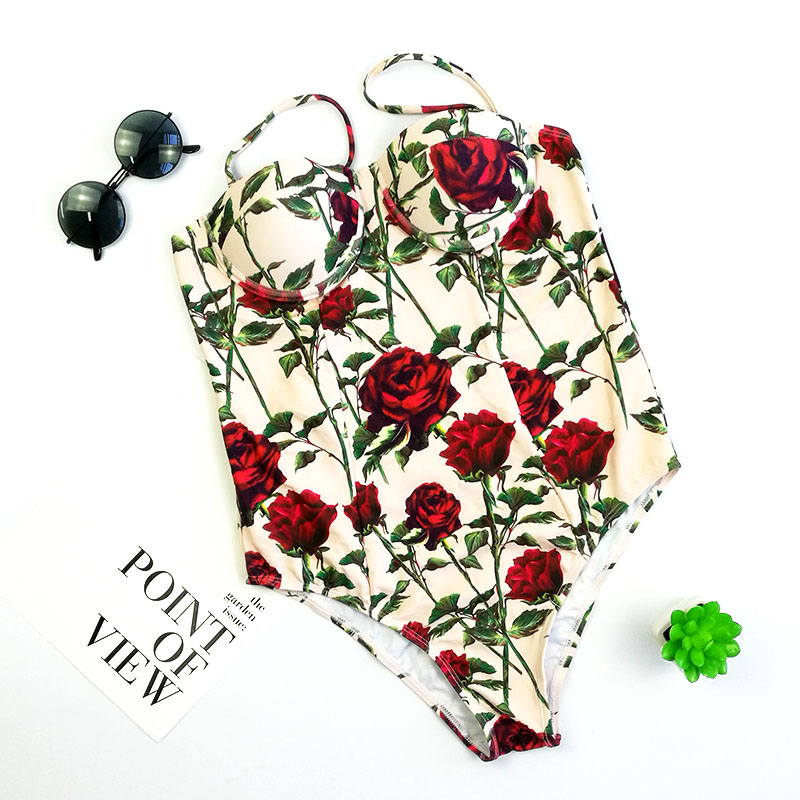 Sexy Multi-color Rose Pattern Decorated Suspender Swimwear,One Pieces