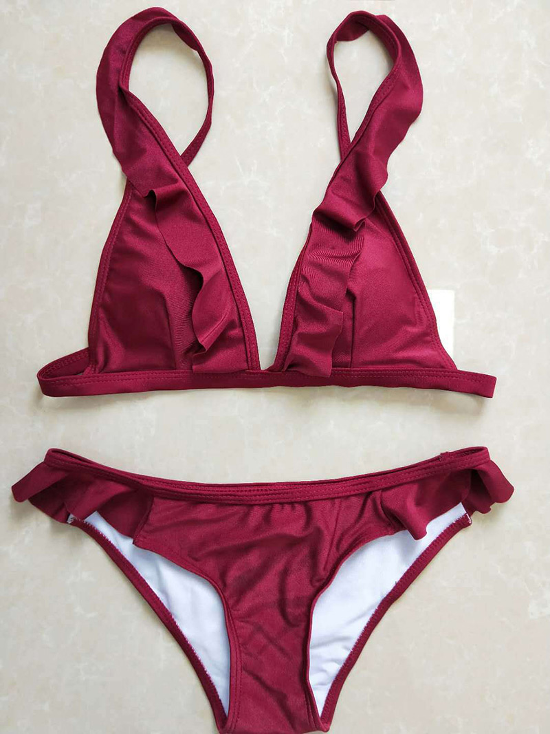 Sexy Claret Red Pure Color Design V Neckline Bikini,Bikini Sets