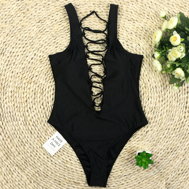 Sexy Black Pure Color Design One-piece Bikini,One Pieces