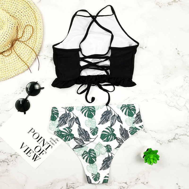 Sexy Black Leaf Pattern Decorated Split Bikini,Bikini Sets