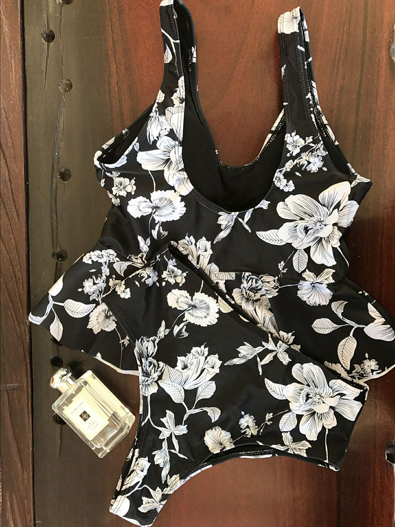 Sexy Black Flowers Pattern Decorated Split Bikini,Bikini Sets