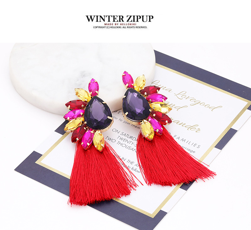 Elegant Plum red Oval Shape Diamond Decorated Tassel Earrings,Drop Earrings