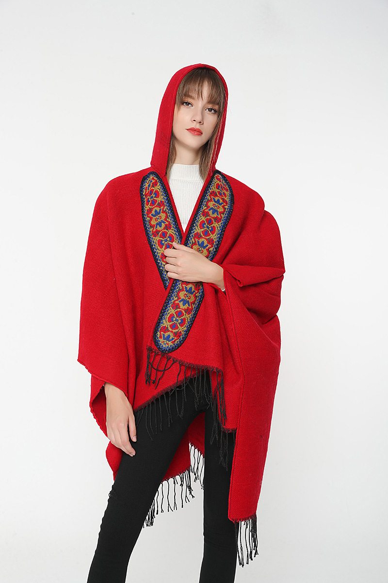 Fashion Claret Red Tassel Decorated Flower Pattern Cloak,knitting Wool Scaves