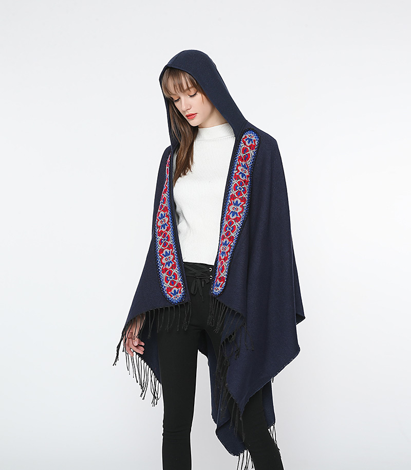 Fashion Black Tassel Decorated Flower Pattern Cloak,knitting Wool Scaves